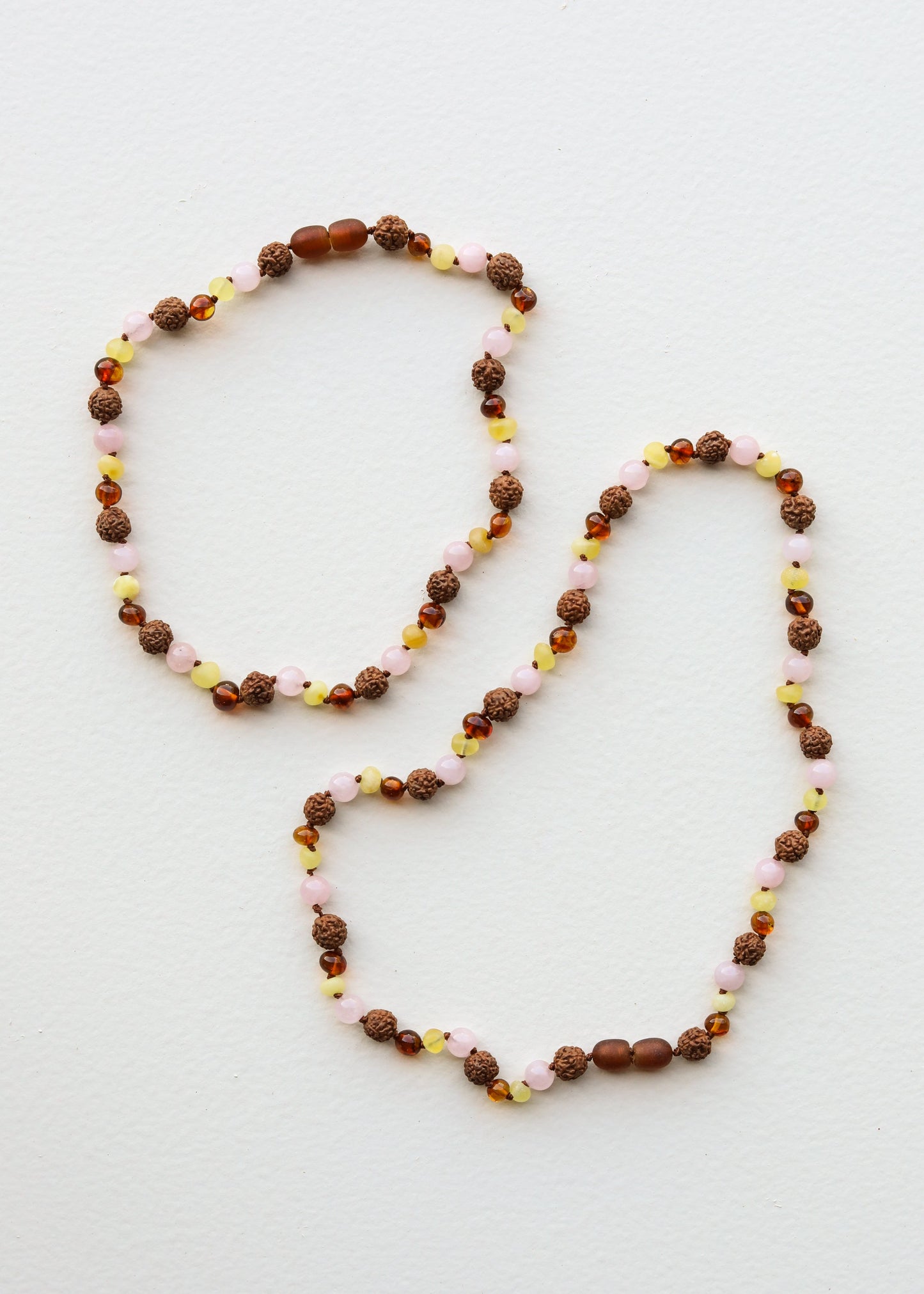 Cognac Baltic Sea Amber + Rudraksha || Rose Quartz || Necklace Set