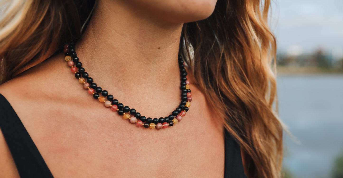 Raw Honey Baltic Amber : Smokey Quartz + Rhodonite || Necklace