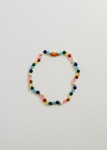 Raw Baltic Amber and Pearl Necklace + Sweet Pink Gemstones