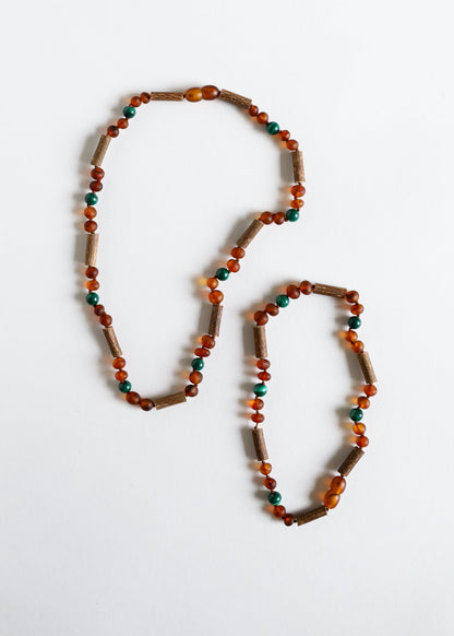 Hazelwood Raw Cognac Baltic Amber + Malachite Necklace