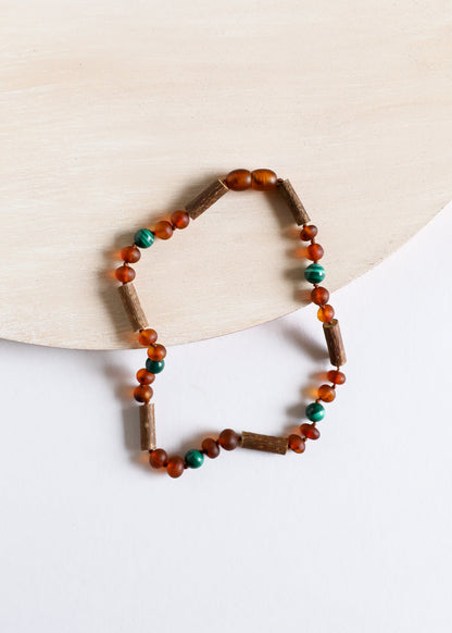 Hazelwood Raw Cognac Baltic Amber + Malachite Necklace