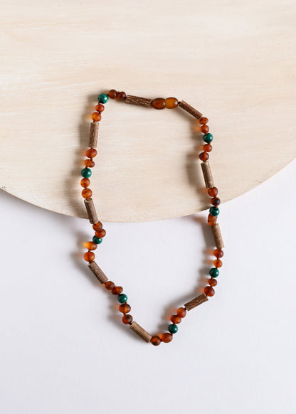 Hazelwood Raw Cognac Baltic Amber + Malachite Necklace
