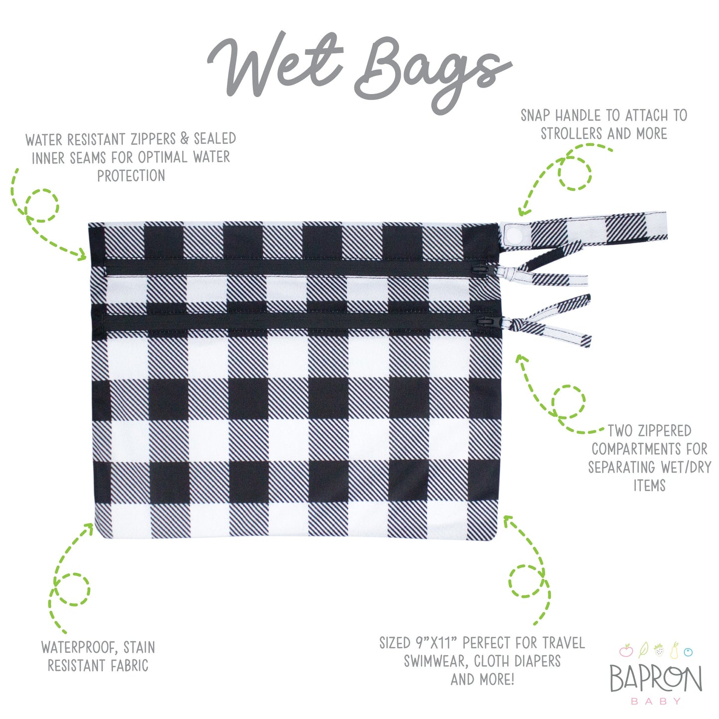 White Buffalo Plaid - Waterproof Wet Bag (For mealtime, on-the-go, and more!)