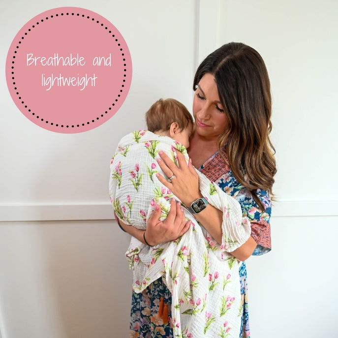 LollyBanks Muslin Swaddle Blanket - 47x47 Inch, 100% Cotton, Dogwood Flower Print, OEKO-TEX Certified
