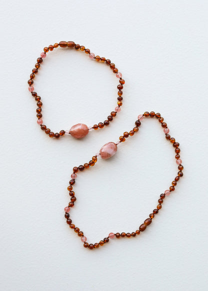 Cognac Baltic Sea Amber || Cherry + Rose Quartz || Necklace