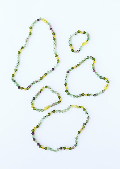 Raw Baltic Sea Amber + Fluorite + Peridot || Gemstone Necklace