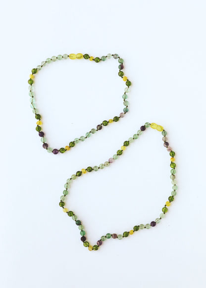 Raw Baltic Sea Amber + Fluorite + Peridot || Gemstone Necklace