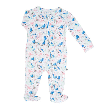 Pink and Blue Songbirds Ruffle Baby Footie