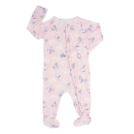 Pink Butterfly Daisy Bamboo Ruffle Footie
