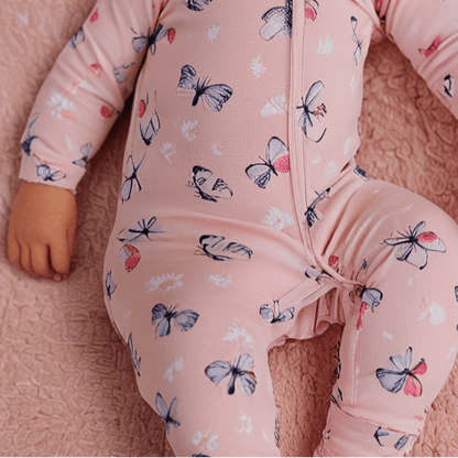 Pink Butterfly Daisy Bamboo Zipper Footie