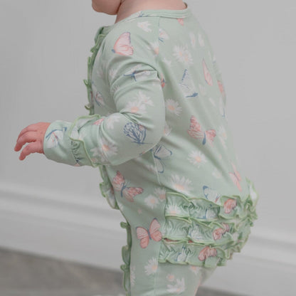 Mint Butterfly Daisy Bamboo Ruffle Baby Footie