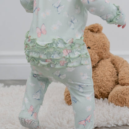 Mint Butterfly Daisy Bamboo Ruffle Baby Footie