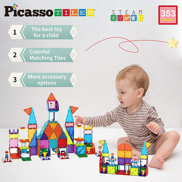PicassoTiles 353 pc Magnetic Brick Tile and Magnetic Tile Combo Set