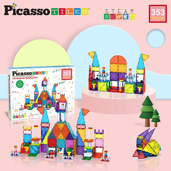 PicassoTiles 353 pc Magnetic Brick Tile and Magnetic Tile Combo Set