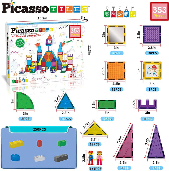 PicassoTiles 353 pc Magnetic Brick Tile and Magnetic Tile Combo Set