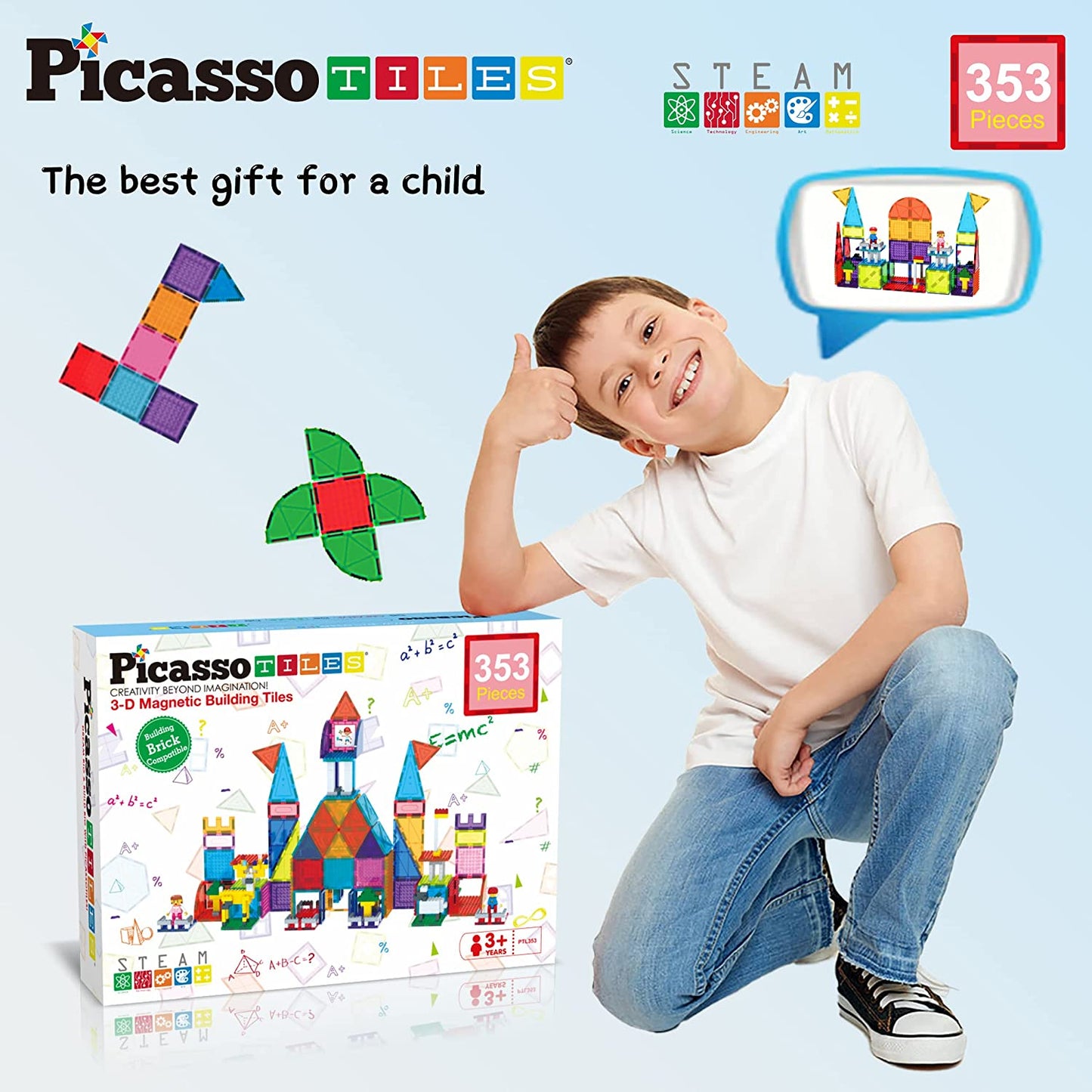 PicassoTiles 353 pc Magnetic Brick Tile and Magnetic Tile Combo Set