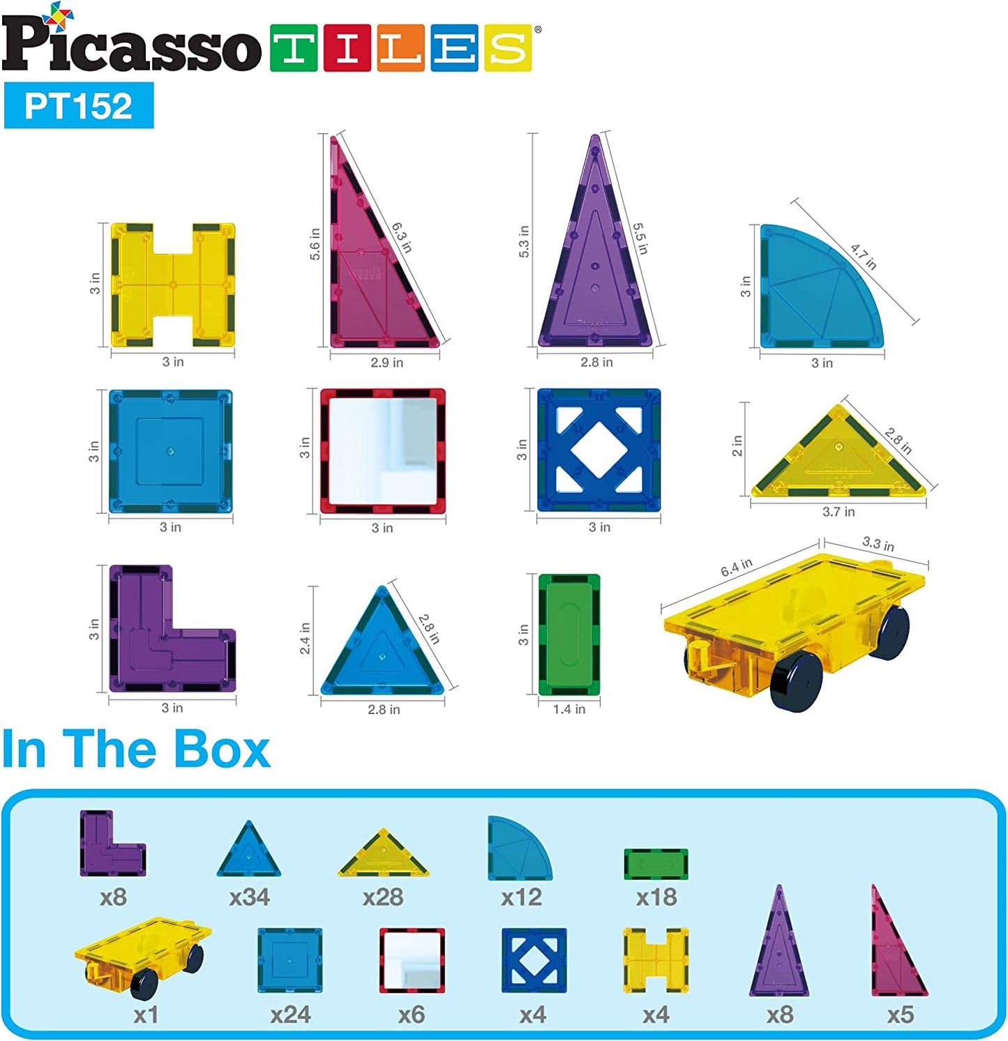 PicassoTiles - 152 pc Clear Magnetic Tiles Set
