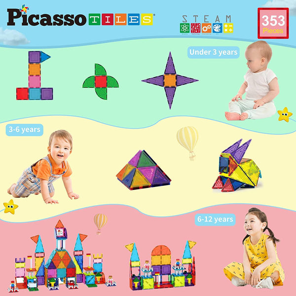 PicassoTiles 353 pc Magnetic Brick Tile and Magnetic Tile Combo Set