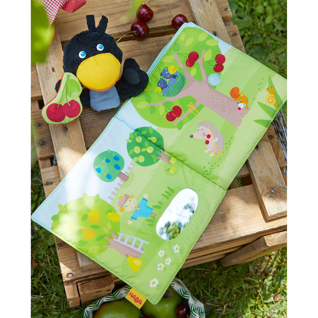 Orchard Fabric Baby Book with Raven Finger Puppet